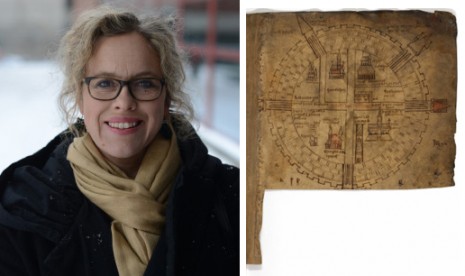 Professor Kristin Bliksrud Aavitsland | Skjematisk kart over Jerusalem fra Hauksbók, islandsk manuskript fra 1300-tallet (København, AM 544)