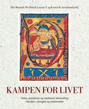 Omslaget på boka kampen for livet. Bilde frå mellomalderen av pasient som mottek pleie