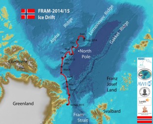 Kart over ruta til FRAM-2014/15-ekspedisjonen. Ill.: Yngve Kristoffersen/NRESC