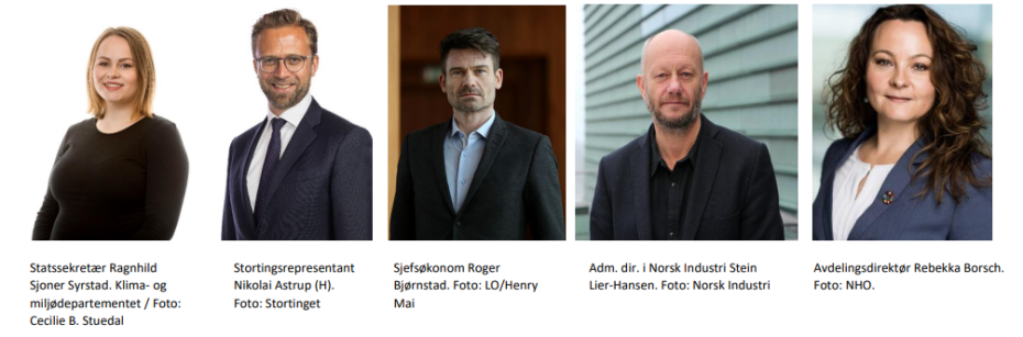 Portretter av deltagerne i panelet: Ragnhild Sjoner Syrstad, Nikolai Astrup, Roger Bjørnstad, Stein Lier-Hansen og Rebekka Borsch