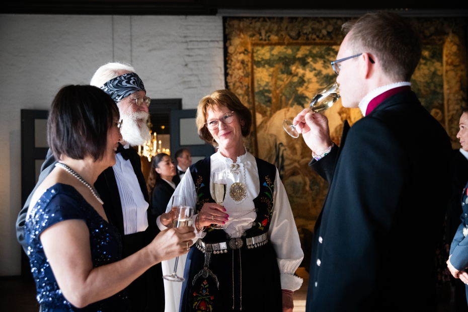 Wansoo Rhee, Michel Talagrand, preses Lise Øvreås og statsråd Oddmund Hoel under Abelprisbanketten på Akershus festning. 